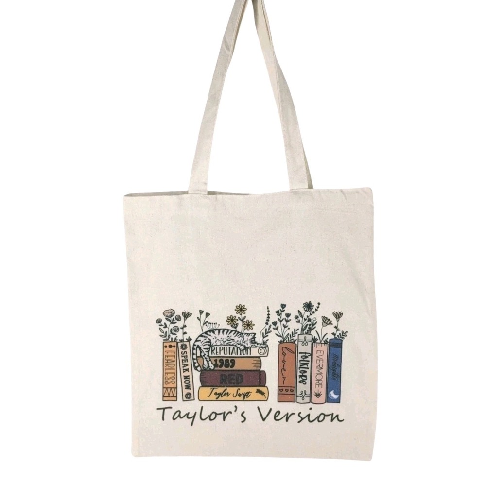 Taylor Swift Inspired Canvas Tote Bag Beige Book Stack Albums Graphic‎ Swiftie